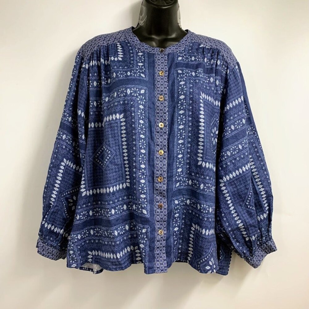 Johnny Was Women's Floral Patchwork Button Up 100% Linen Tunic Top Size M‎
